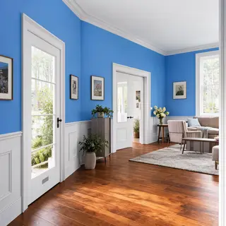 A room with walls in #4A90D9 (medium blue) with warm wooden 