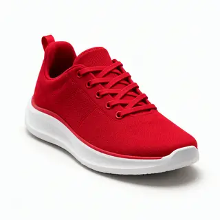 A single red sneaker on a clean white background with soft s