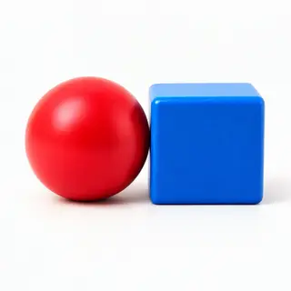 A red ball and a blue cube sitting side by side on a white s