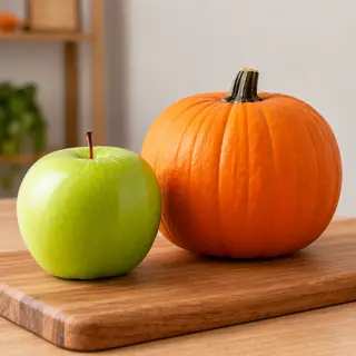 A green apple and an orange pumpkin on a wooden cutting boar