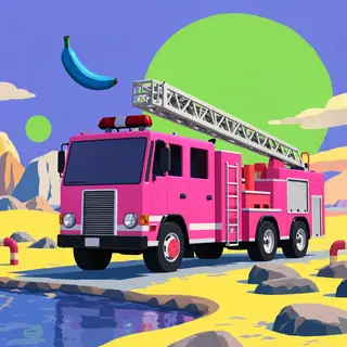 A pink fire truck, a blue banana, and a green sun in a surre