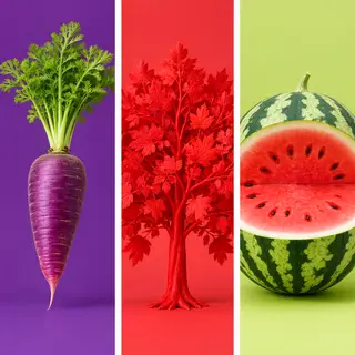A purple carrot, a red tree with red leaves, and a white wat