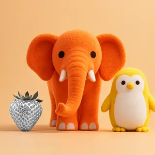 An orange elephant, a yellow penguin, and a silver strawberr