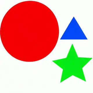A large red circle, a small blue triangle, and a medium gree