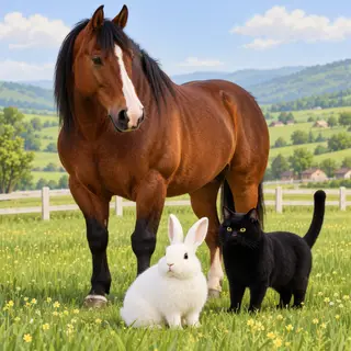 A big brown horse, a small white rabbit, and a medium-sized 