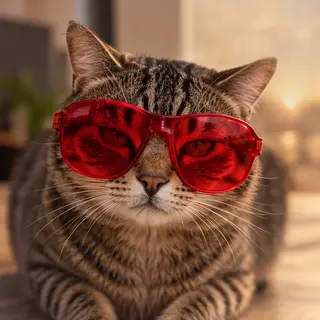 A tabby cat wearing oversized red sunglasses