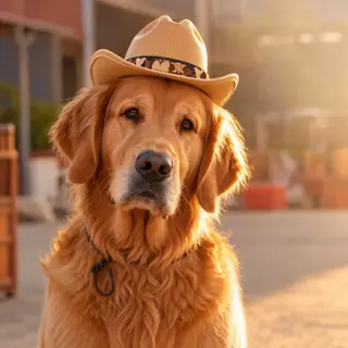 A golden retriever wearing a tiny cowboy hat