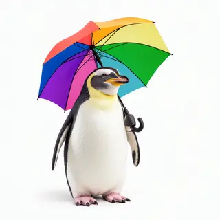 A penguin holding a colorful umbrella