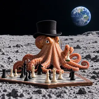 An octopus wearing a top hat and monocle playing chess on th