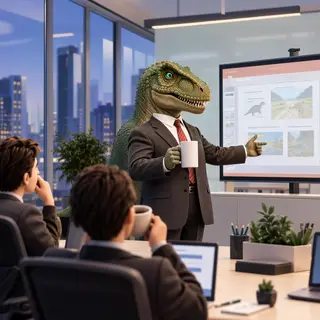 A dinosaur in a business suit giving a PowerPoint presentati