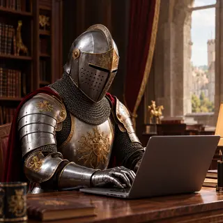 A medieval knight in full armor sitting at a desk typing on 