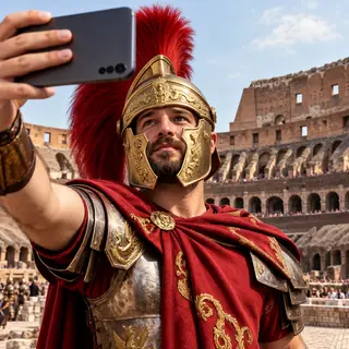 A Roman gladiator taking a selfie with a smartphone in the C