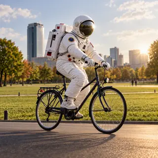 An astronaut in a spacesuit riding a bicycle through a park
