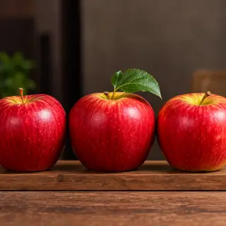 Exactly 3 red apples arranged on a wooden table