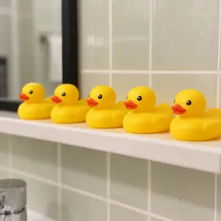 Exactly 5 yellow rubber ducks sitting in a row on a bathroom
