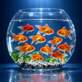 Exactly 9 goldfish swimming in a large round fishbowl