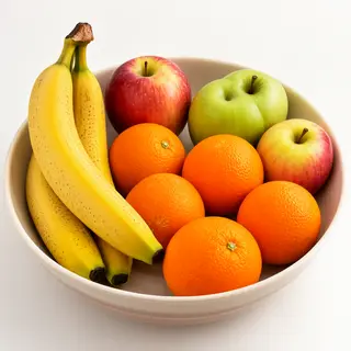 A fruit bowl containing exactly 3 bananas, 4 oranges, and 2 