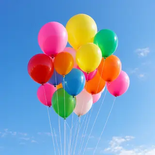 Exactly 11 colorful balloons floating against a clear blue s