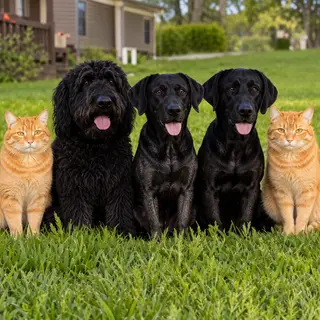 2 orange cats and 3 black dogs sitting together on a grassy 