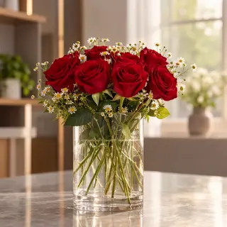4 red roses and 2 white daisies in a glass vase on a table