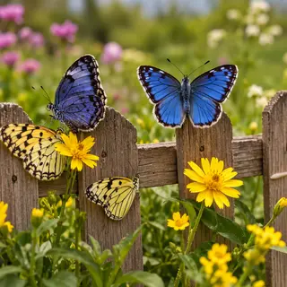 1 blue butterfly and 3 yellow butterflies resting on a garde