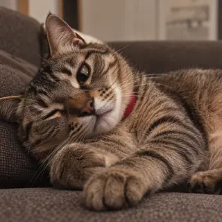 A cat lying on a couch without a collar