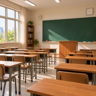 A classroom with desks and a chalkboard but no students