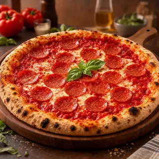 A pepperoni pizza with tomato sauce, basil, and crust but ab