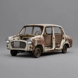A car body with windows, doors, and headlights but no wheels