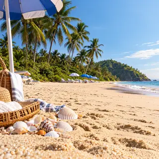 A sandy beach with palm trees, seashells, and a beach umbrel
