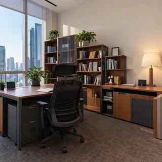 An office workspace with a desk, chair, bookshelf, and lamp 