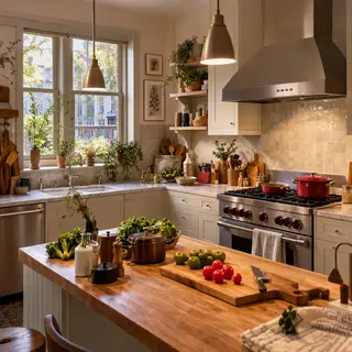 A kitchen with pots, pans, a stove, and a cutting board but 