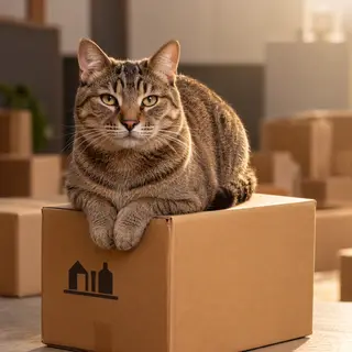 A cat sitting on top of a cardboard box