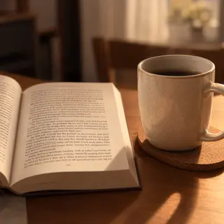 A coffee mug next to an open book on a desk