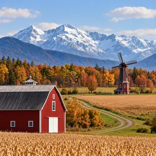 A landscape with a red barn in the foreground at large scale