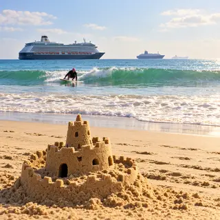 A beach scene with a sandcastle in the foreground, a surfer 