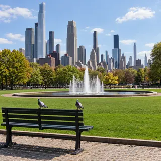 A city park with a park bench and pigeons in the foreground,