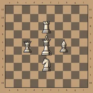 Five chess pieces on a board: a king in the center, a queen 