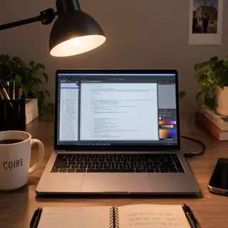 A desk scene: laptop in the center, coffee mug to the left, 