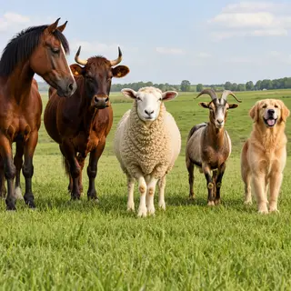 Five animals in a field: a horse on the far left, a cow to t