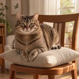 A cat sitting on a pillow, the pillow placed on a wooden cha