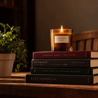A candle on top of a stack of books, the books next to a pot