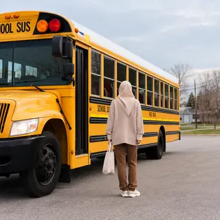 A person standing next to a yellow school bus, showing reali