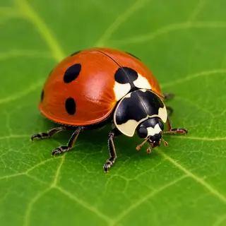 A ladybug sitting on a large green leaf, shown at realistic 
