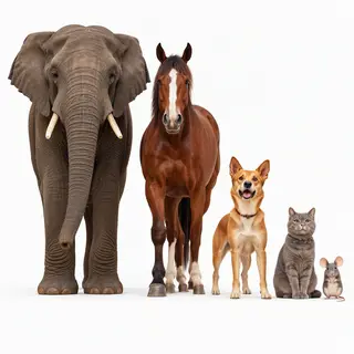 A group photo of an elephant, a horse, a dog, a cat, and a m