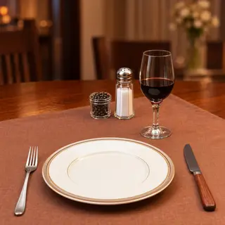 A dinner table scene with a plate, fork, knife, wine glass, 