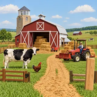 A farm scene with a barn, tractor, farmer, cow, chicken, and