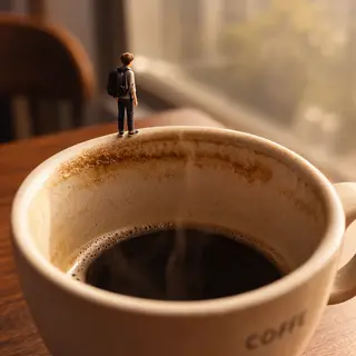 A tiny person standing on the rim of a coffee cup, looking d