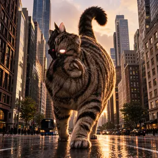 A giant tabby cat walking between city skyscrapers like a ka