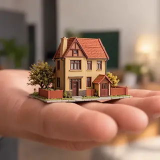 A miniature house sitting on the palm of someone's hand